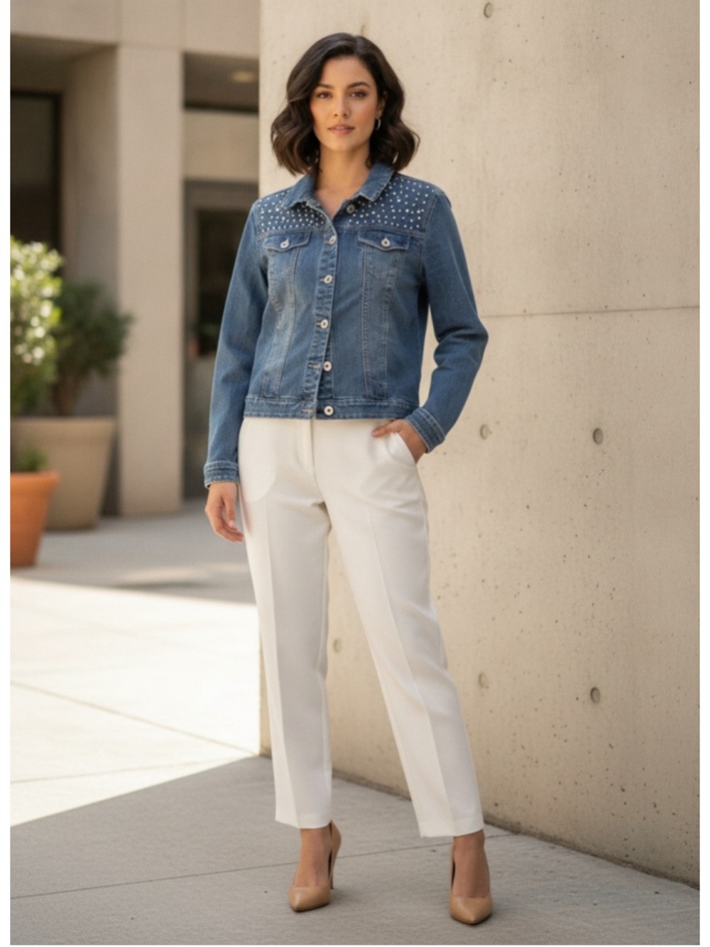 BACCINI Blue Jean Jacket with Pearl Embellishments Women's Size M